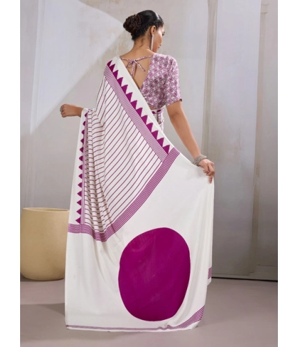Generic Women's Satin Crepe Printed Saree With Unstitched Blouse 5.5Mtr (White)