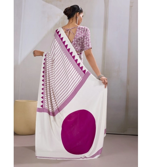 Generic Women's Satin Crepe Printed Saree With Unstitched Blouse 5.5Mtr (White)