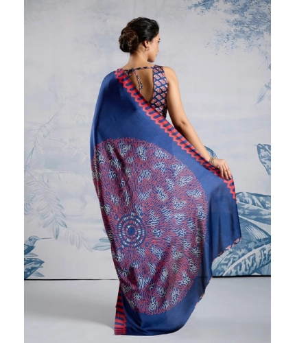 Generic Women's Satin Crepe Printed Saree With Unstitched Blouse 5.5Mtr (Blue)