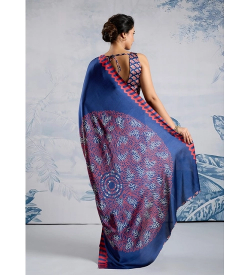 Generic Women's Satin Crepe Printed Saree With Unstitched Blouse 5.5Mtr (Blue)
