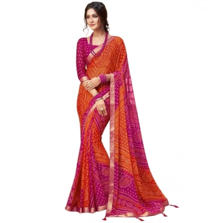 Generic Women's Georgette Bandhani Printed Saree With Unstitched Blouse 5.5Mtr (Orange-Magenta)