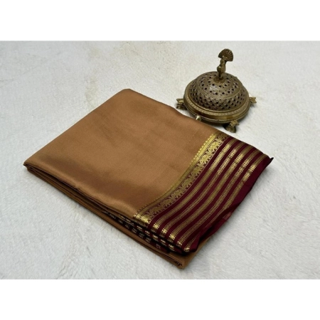 Generic Women's Crepe Chit Pallu Solid Saree With Unstitched Blouse 5.5Mtr (Beige)