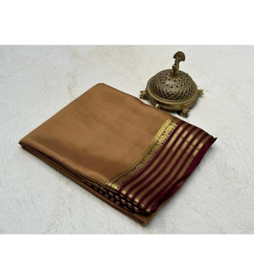 Generic Women's Crepe Chit Pallu Solid Saree With Unstitched Blouse 5.5Mtr (Beige)