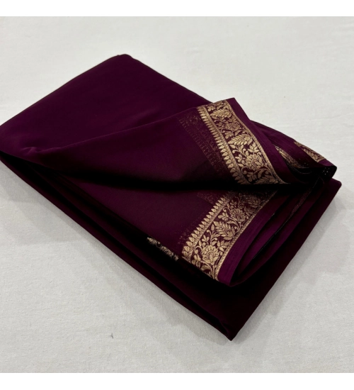 Generic Women's Crepe Chit Pallu Solid Saree With Unstitched Blouse 5.5Mtr (Dark Wine)
