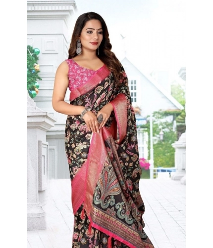 Generic Women's Cotton Silk Floral Printed Saree With Unstitched Blouse 5.5Mtr (Multicolor)