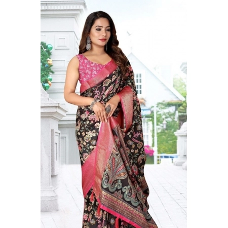 Generic Women's Cotton Silk Floral Printed Saree With Unstitched Blouse 5.5Mtr (Multicolor)