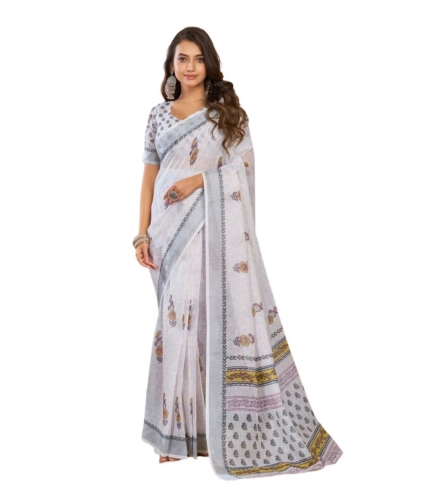 Generic Women's Faux Linen Floral Print Ready to wear Saree With Unstitched Blouse 5.5Mtr (Off_White)