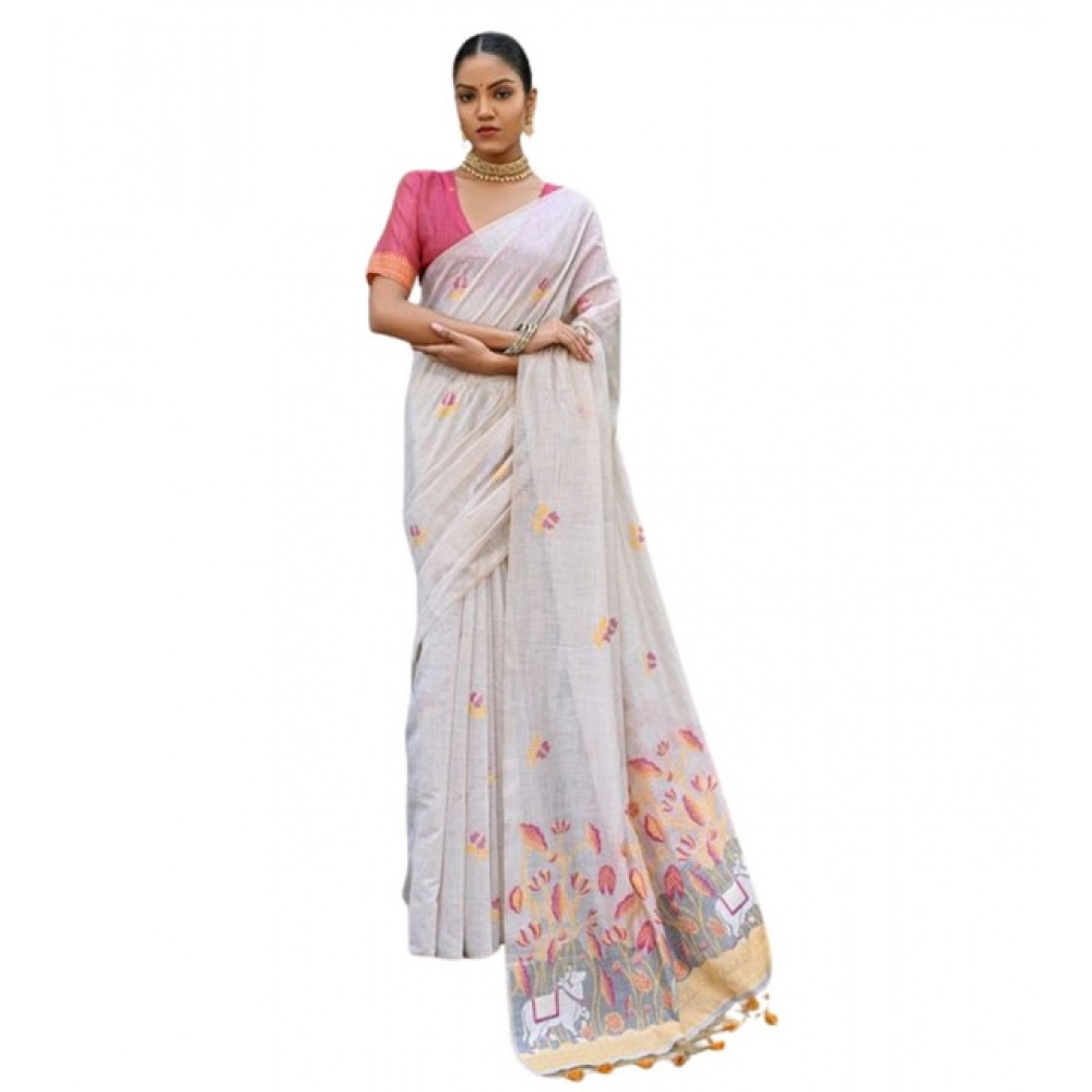 Generic Women's Blended_Cotton Floral Weaving Pattern Saree With Unstitched Blouse 5.5Mtr (Yellow)