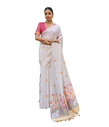 Generic Women's Blended_Cotton Floral Weaving Pattern Saree With Unstitched Blouse 5.5Mtr (Yellow)