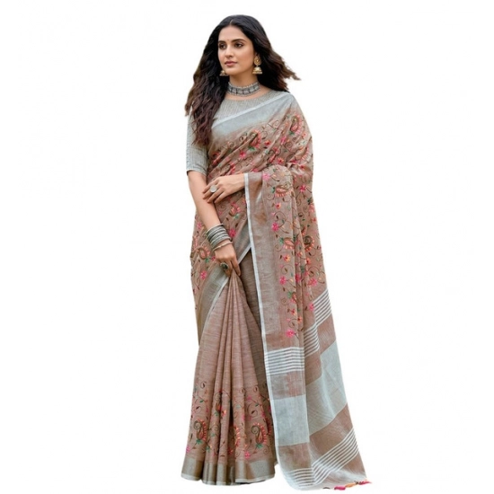Generic Women's Linen Floral Embroidered Saree With Unstitched Blouse 5.5Mtr (Brown) Generic Women's Linen Floral Embroidered Saree With Unstitched Blouse 5.5Mtr (Brown)