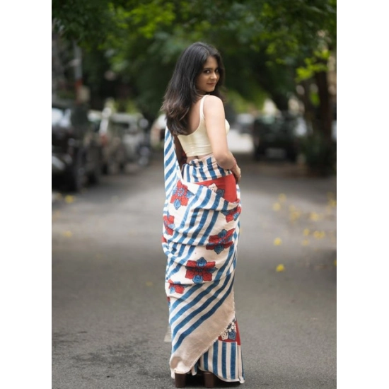 Generic Women's Linen Printed Saree With Unstitched Blouse 5.5Mtr (Red)