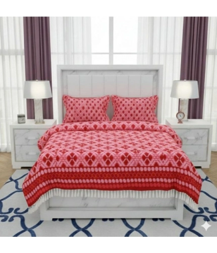 Generic Fleece Geometric Double Polar Warm Bedsheet with 2 Pillow Cover (Red)