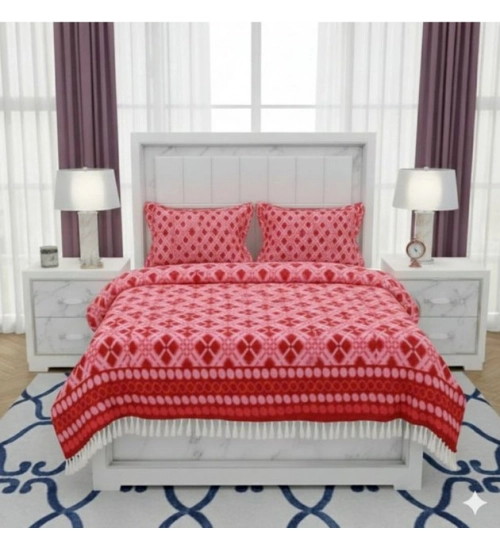 Generic Fleece Geometric Double Polar Warm Bedsheet with 2 Pillow Cover (Red)