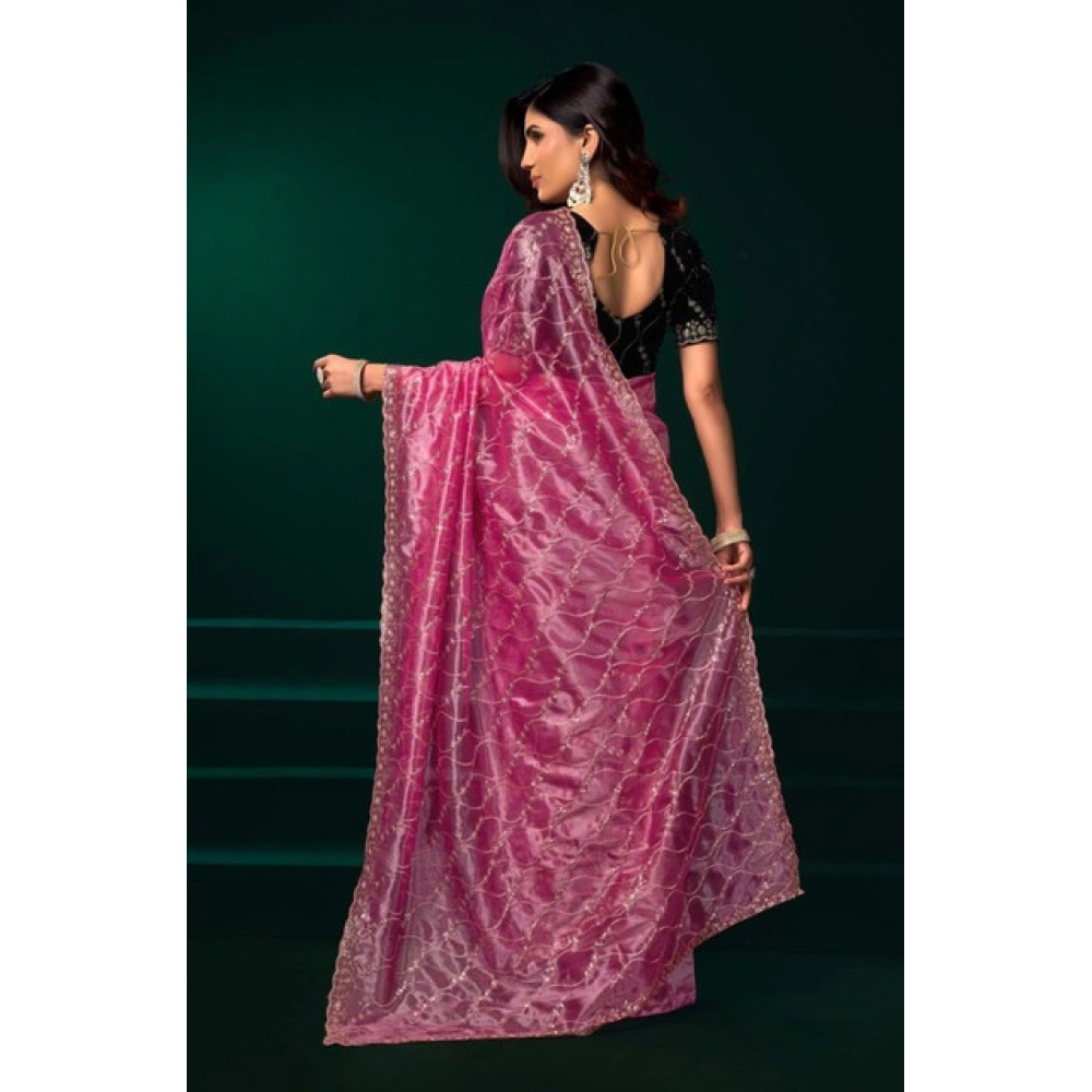 Generic Women's Net Sequence Saree With Unstitched Blouse 5.5Mtr (Light Pink)