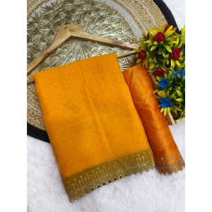 Generic Women's Georgette Stone Work Saree With Unstitched Blouse 5.5Mtr (Yellow)