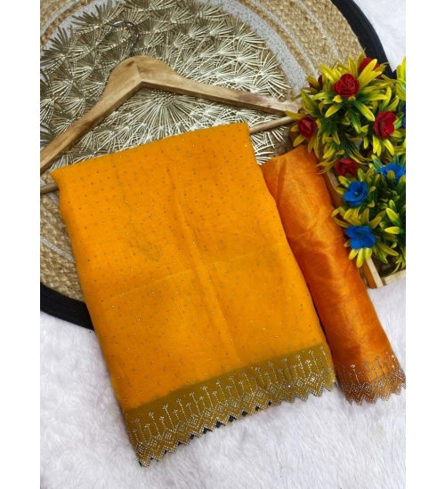 Generic Women's Georgette Stone Work Saree With Unstitched Blouse 5.5Mtr (Yellow)