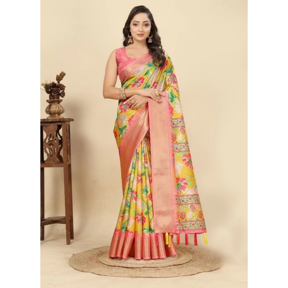 Generic Women's Cotton Silk Floral Printed Saree With Unstitched Blouse 5.5Mtr (Yellow)