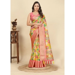 Generic Women's Cotton Silk Floral Printed Saree With Unstitched Blouse 5.5Mtr (Yellow)