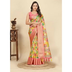Generic Women's Cotton Silk Floral Printed Saree With Unstitched Blouse 5.5Mtr (Yellow)