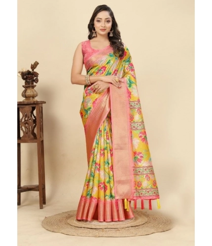 Generic Women's Cotton Silk Floral Printed Saree With Unstitched Blouse 5.5Mtr (Yellow)