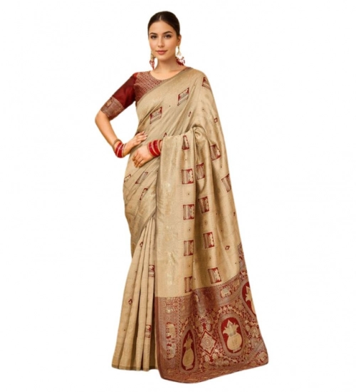 Generic Women's Silk Blend Woven Zari Work Saree With Unstitched Blouse 5.5Mtr (Beige)