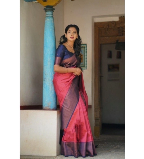 Generic Women's Soft Lichi Silk Printed Saree With Unstitched Blouse 5.5Mtr (Red)