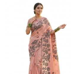 Generic Women's Linen Cotton Printed Saree With Unstitched Blouse 5.5Mtr (Orange)