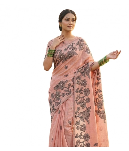 Generic Women's Linen Cotton Printed Saree With Unstitched Blouse 5.5Mtr (Orange)