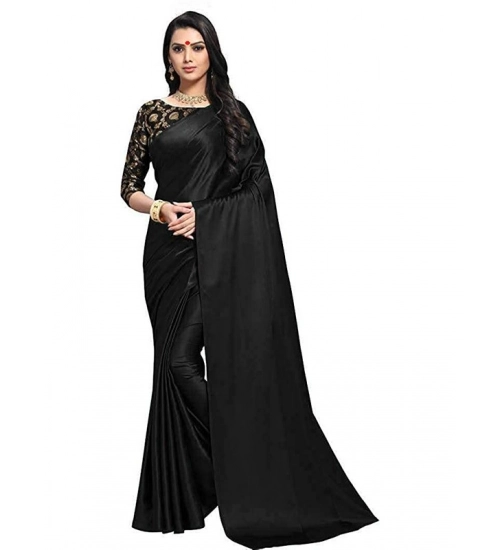 Generic Women's Satin Solid Saree With Unstitched Blouse 5.5Mtr (Black)