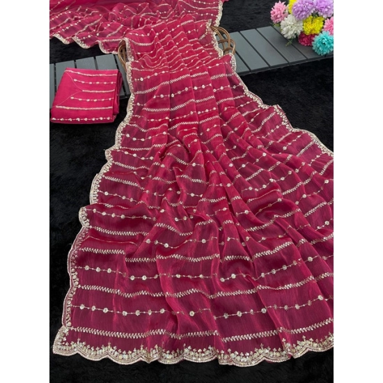 Generic Women's Slik Embellished Saree With Unstitched Blouse 5.5Mtr (Pink)