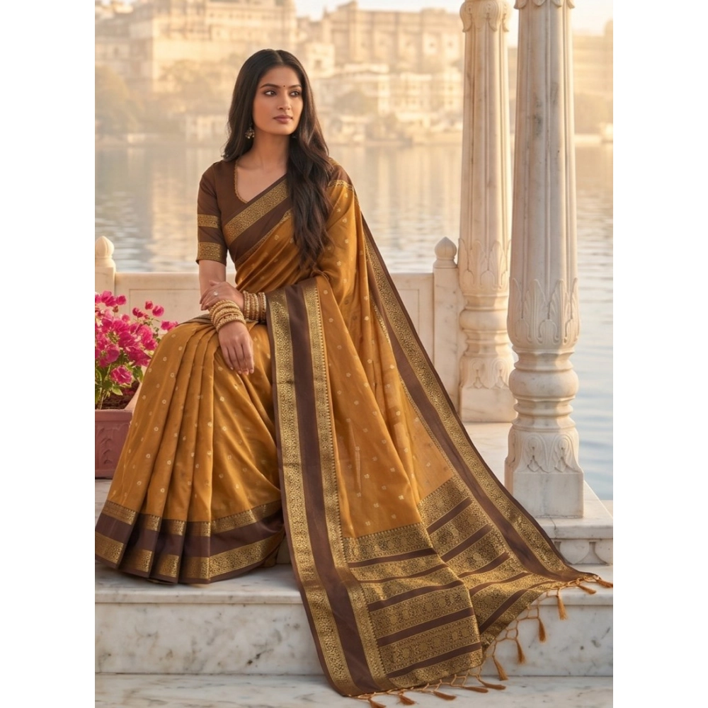 Generic Women's Silk Blend Printed Saree With Unstitched Blouse 5.5Mtr (Mustard-Brown)