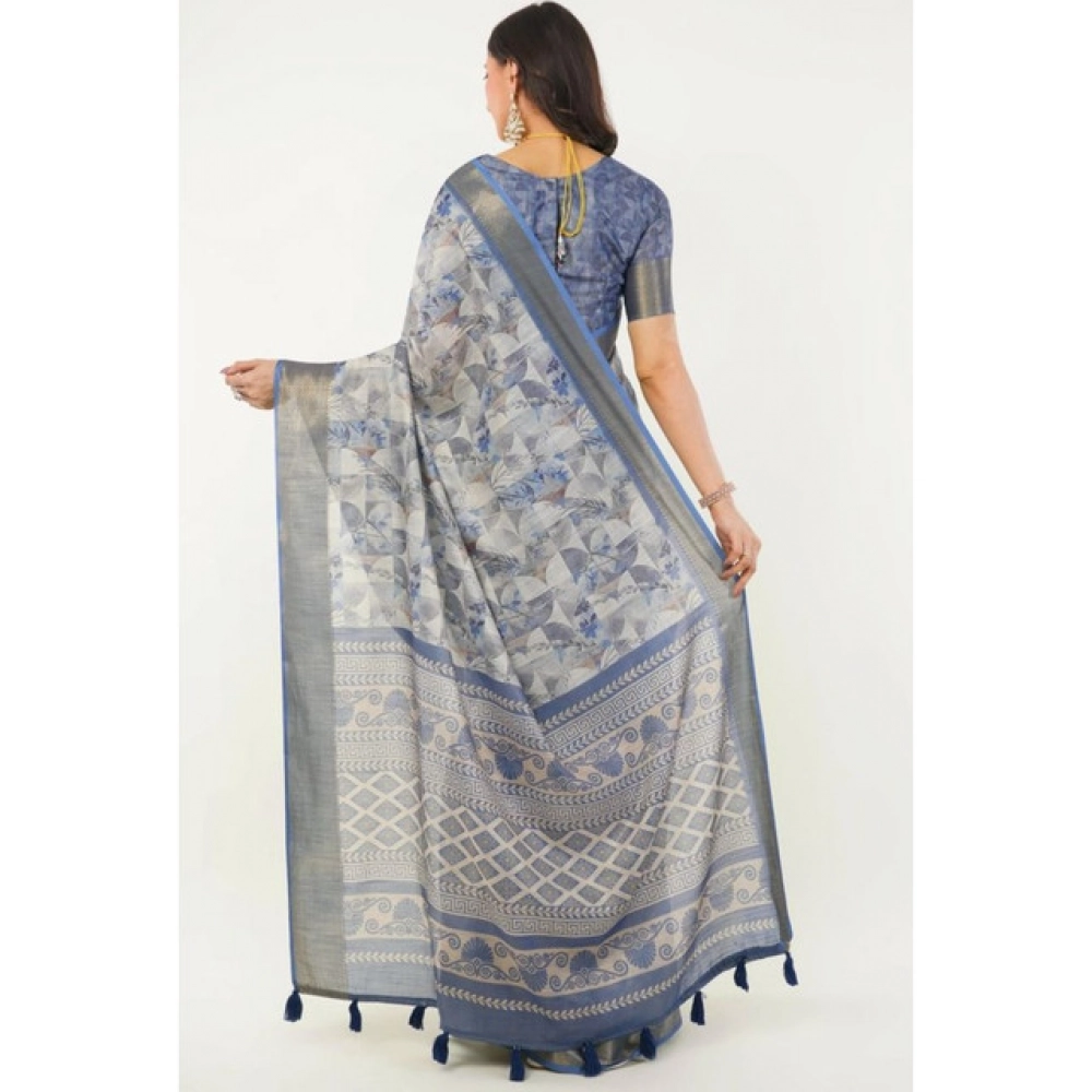 Women's Polyester Printed Saree With Unstitched Blouse 5.5 Mtr (Grey)
