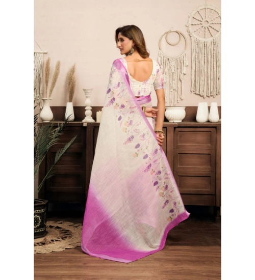 Generic Women's Linen Cotton Printed Ready To Wear Saree With Unstitched Blouse 5.5 Mtr (Off_White)