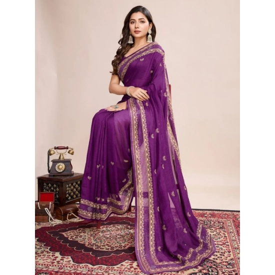 Generic Women's Vichitra Silk Embroidery Work Saree With Unstitched Blouse 5.5Mtr (Wine)