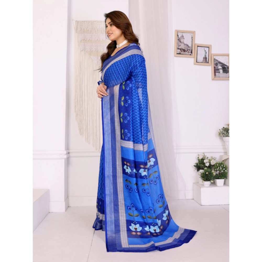 Generic Women's Linen Cotton  Printed Saree With Unstitched Blouse 5.5Mtr (Blue)