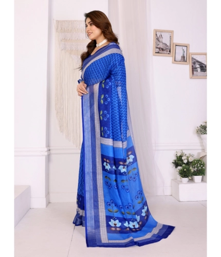 Generic Women's Linen Cotton  Printed Saree With Unstitched Blouse 5.5Mtr (Blue)