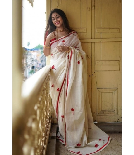 Generic Women's Linen Printed Saree With Unstitched Blouse 5.5Mtr (White)