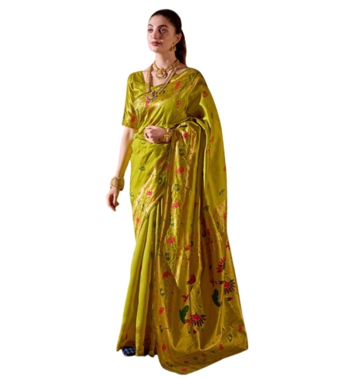 Generic Women's Silk Blend Zari Woven Saree With Unstitched Blouse 5.5Mtr (Lime Green)