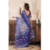 Generic Women's Faux Linen Geometric Print Ready to wear Saree With Unstitched Blouse 5.5Mtr (Blue)