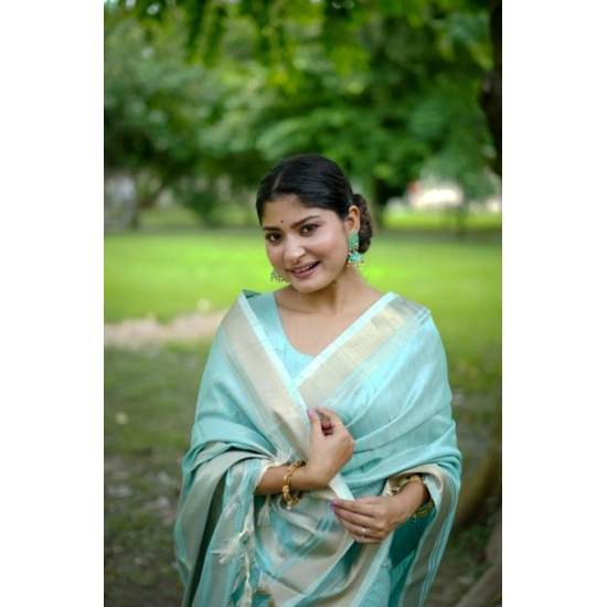 Generic Women's Faux_Banarasi Lining Pattern Saree With Unstitched Blouse 5.5Mtr (Light_Aqua_Blue)