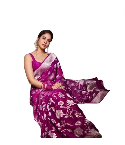 Generic Women's Soft Lichi Silk Printed Saree With Unstitched Blouse 5.5Mtr (Purple)