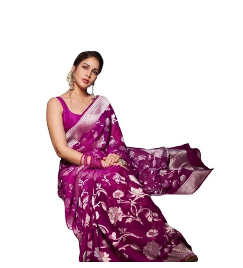 Generic Women's Soft Lichi Silk Printed Saree With Unstitched Blouse 5.5Mtr (Purple)