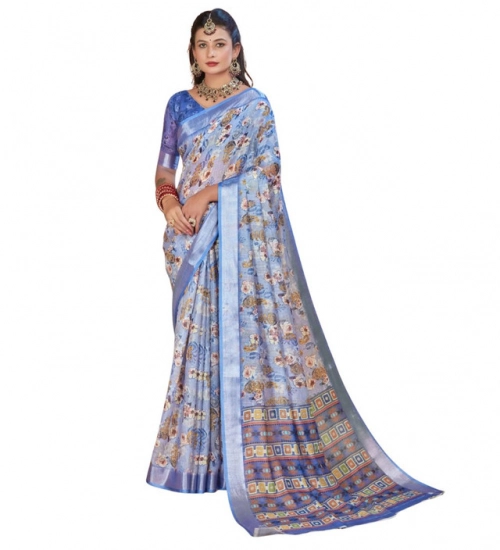 Generic Women's Printed Cotton Linen Saree withPrinted  Saree With Unstitched Blouse (Blue, 5-6Mtrs)