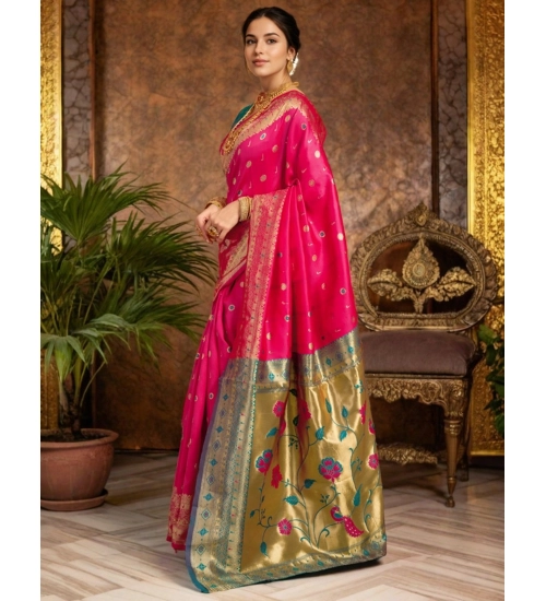 Generic Women's Silk Blend Zari Weaving Saree With Unstitched Blouse 5.5Mtr (Pink)