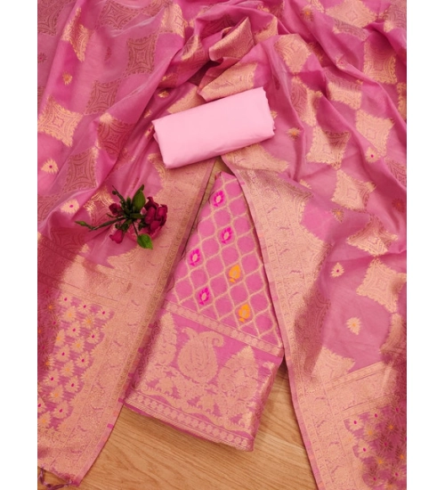 Generic Women's Banarasi Silk Printed Unstitched Salwar Suit Material With Dupatta (Pink, 3Mtrs)