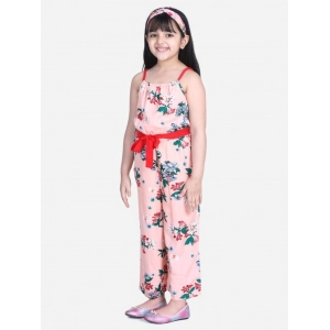 Generic Girl's Polyester Crepe Floral Shoulder Straps Jumpsuit (Peach-Red)