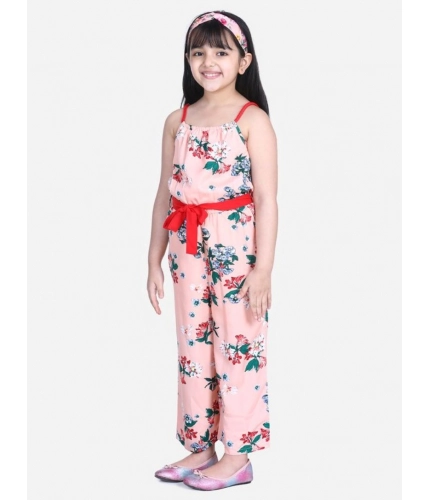 Generic Girl's Polyester Crepe Floral Shoulder Straps Jumpsuit (Peach-Red)