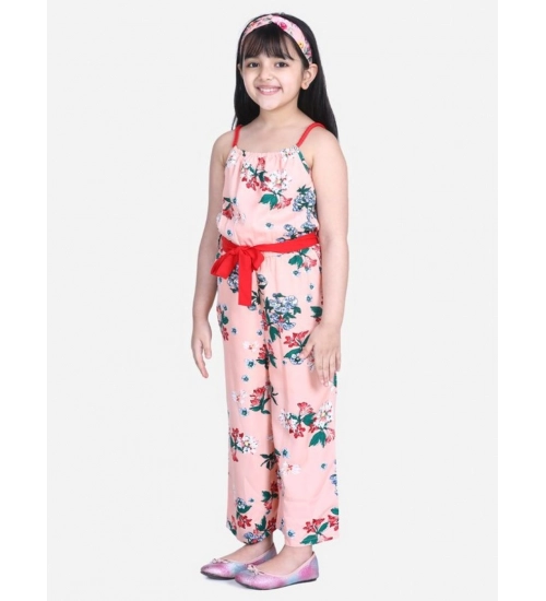 Generic Girl's Polyester Crepe Floral Shoulder Straps Jumpsuit (Peach-Red)
