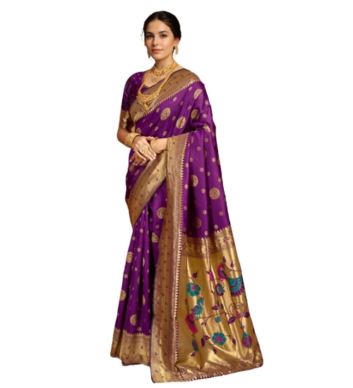 Generic Women's Silk Blend Paithani Saree With Unstitched Blouse 5.5Mtr (Purple)