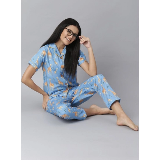 Generic Women's Cotton Blend Printed Short Sleeve Night Suit (Blue)
